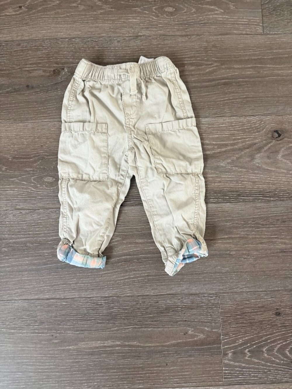 Baby Gap Khaki Drawstring Cargo Pants with Pastel Plaid Cuffs Size 24M
